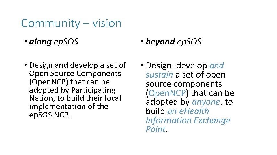 Community – vision • along ep. SOS • beyond ep. SOS • Design and