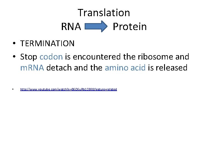 Translation RNA Protein • TERMINATION • Stop codon is encountered the ribosome and m.