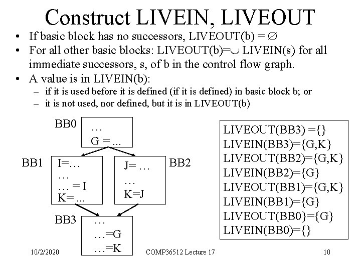 Construct LIVEIN, LIVEOUT • If basic block has no successors, LIVEOUT(b) = • For