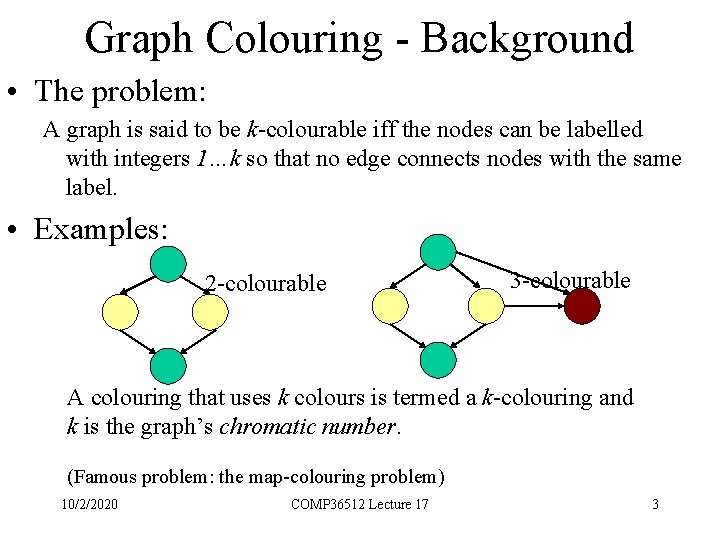 Graph Colouring - Background • The problem: A graph is said to be k-colourable