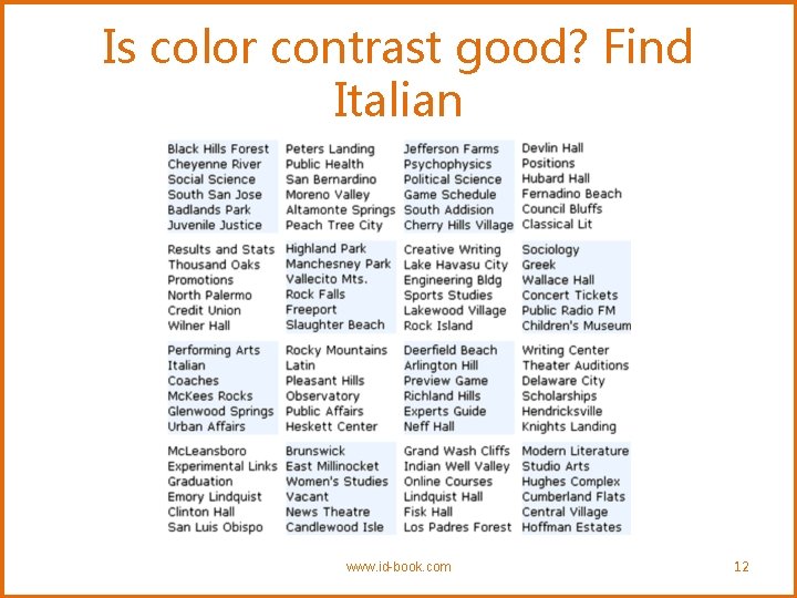 Is color contrast good? Find Italian www. id-book. com 12 