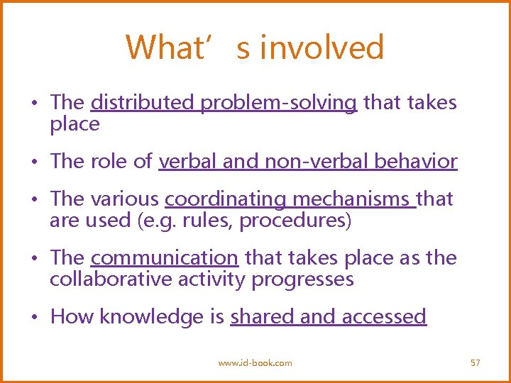 What’s involved • The distributed problem-solving that takes place • The role of verbal