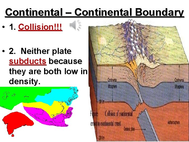 Continental – Continental Boundary • 1. Collision!!! • 2. Neither plate subducts because they