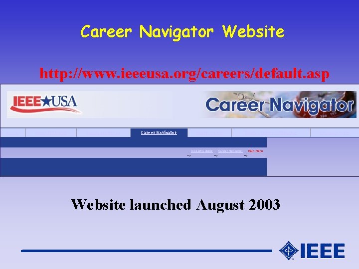 Career Navigator Website http: //www. ieeeusa. org/careers/default. asp Home About IEEE-USA Communications Career Navigator