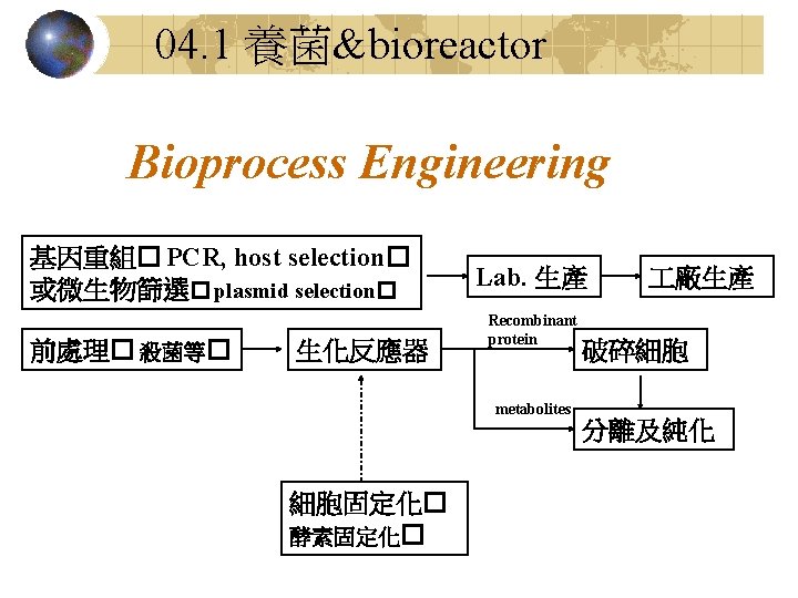 04. 1 養菌&bioreactor Bioprocess Engineering 基因重組� PCR, host selection� 或微生物篩選� plasmid selection� 前處理� 殺菌等�