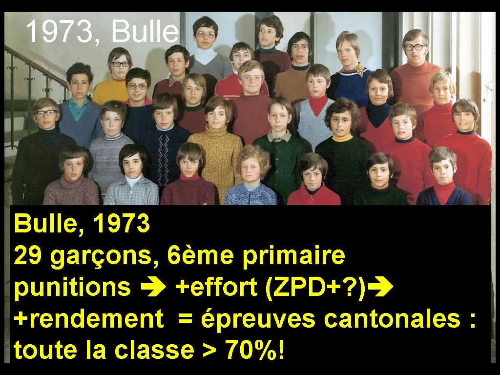 1973, Bulle, 1973 29 garçons, 6ème primaire punitions +effort (ZPD+? ) +rendement = épreuves