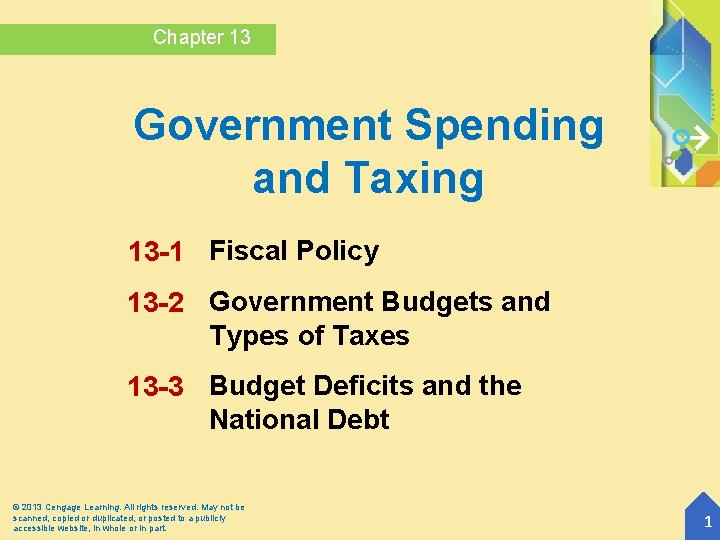 Chapter 13 Government Spending and Taxing 13 -1 Fiscal Policy 13 -2 Government Budgets