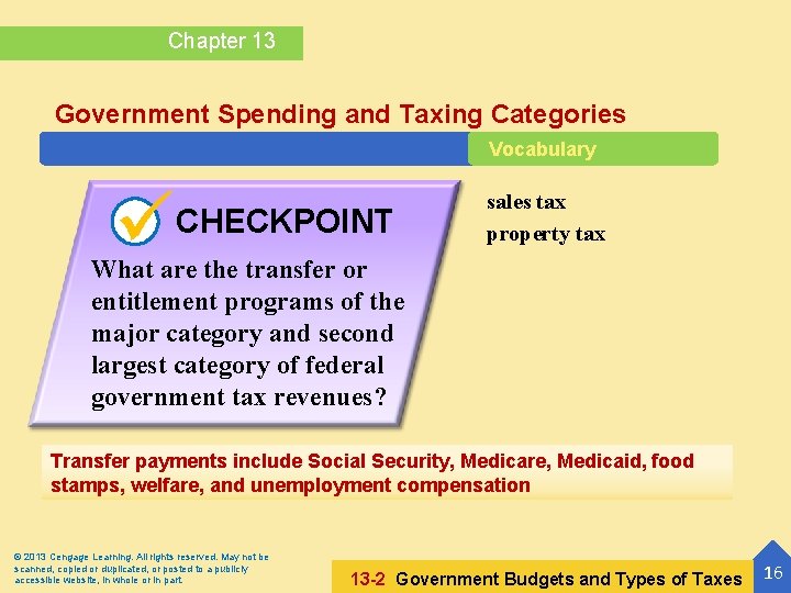 Chapter 13 Government Spending and Taxing Categories Vocabulary CHECKPOINT sales tax property tax What