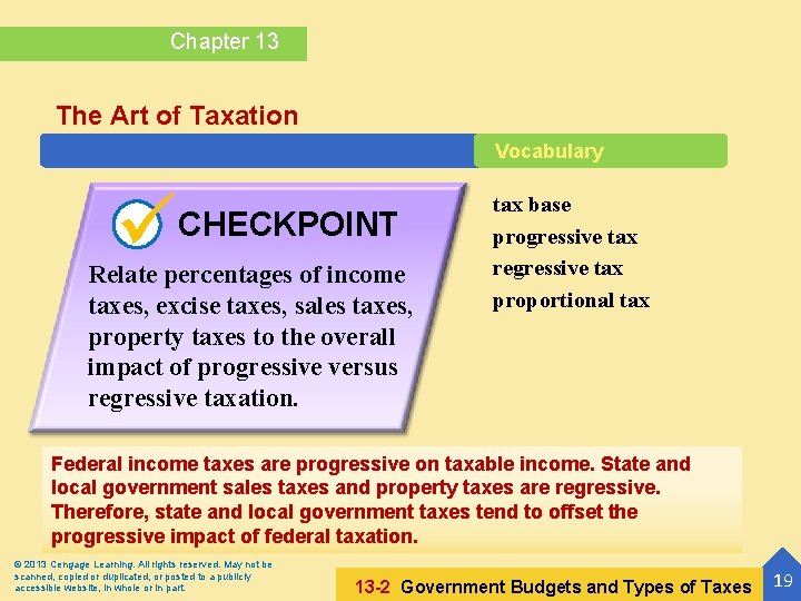 Chapter 13 The Art of Taxation Vocabulary CHECKPOINT Relate percentages of income taxes, excise