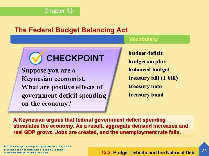 Chapter 13 The Federal Budget Balancing Act Vocabulary CHECKPOINT Suppose you are a Keynesian