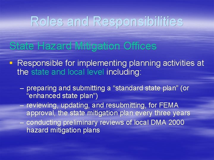 Roles and Responsibilities State Hazard Mitigation Offices § Responsible for implementing planning activities at