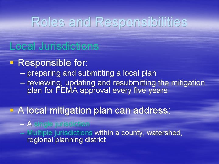 Roles and Responsibilities Local Jurisdictions § Responsible for: – preparing and submitting a local