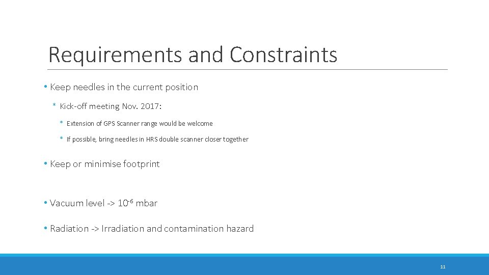 Requirements and Constraints • Keep needles in the current position * Kick-off meeting Nov. Requirements and Constraints • Keep needles in the current position * Kick-off meeting Nov.