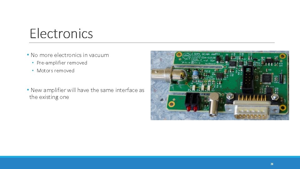 Electronics • No more electronics in vacuum • Pre-amplifier removed • Motors removed • Electronics • No more electronics in vacuum • Pre-amplifier removed • Motors removed •