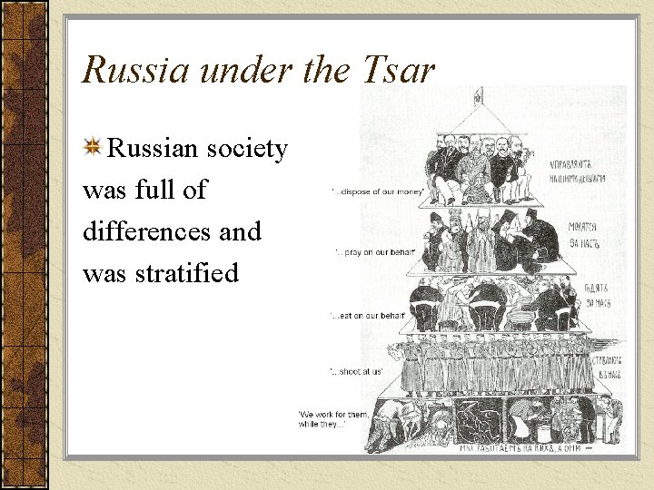 Russia under the Tsar Russian society was full of differences and was stratified 