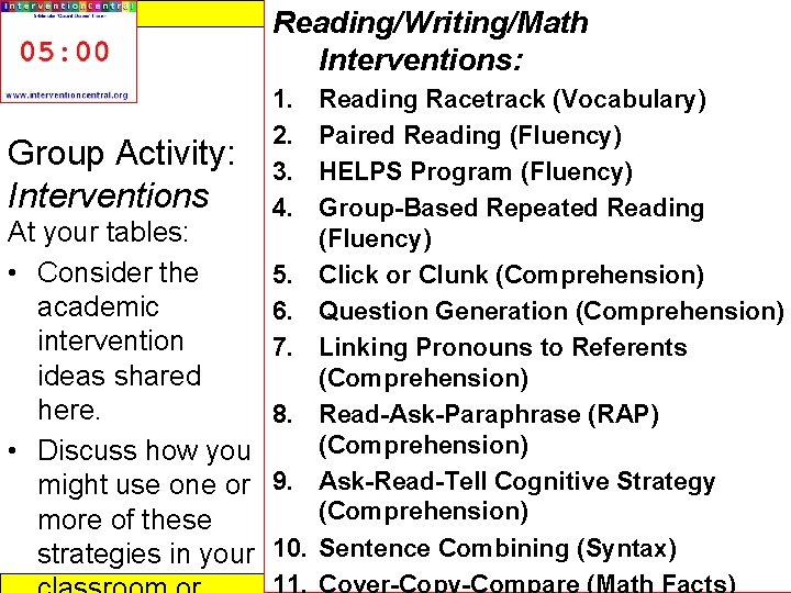 Response to Intervention Reading/Writing/Math Interventions: 1. 2. 3. 4. Reading Racetrack (Vocabulary) Paired Reading Response to Intervention Reading/Writing/Math Interventions: 1. 2. 3. 4. Reading Racetrack (Vocabulary) Paired Reading