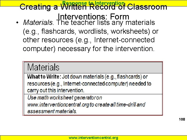 Response to Intervention Creating a Written Record of Classroom Interventions: Form • Materials. The Response to Intervention Creating a Written Record of Classroom Interventions: Form • Materials. The
