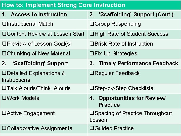 Response to Intervention How to: Implement Strong Core Instruction 1. Access to Instruction 2. Response to Intervention How to: Implement Strong Core Instruction 1. Access to Instruction 2.