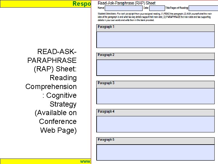 Response to Intervention READ-ASKPARAPHRASE (RAP) Sheet: Reading Comprehension : Cognitive Strategy (Available on Conference Response to Intervention READ-ASKPARAPHRASE (RAP) Sheet: Reading Comprehension : Cognitive Strategy (Available on Conference