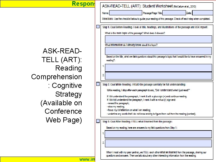 Response to Intervention ASK-READTELL (ART): Reading Comprehension : Cognitive Strategy (Available on Conference Web Response to Intervention ASK-READTELL (ART): Reading Comprehension : Cognitive Strategy (Available on Conference Web