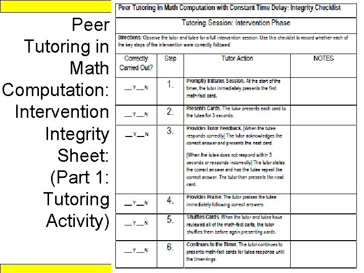 Response to Intervention Peer Tutoring in Math Computation: Intervention Integrity Sheet: (Part 1: Tutoring Response to Intervention Peer Tutoring in Math Computation: Intervention Integrity Sheet: (Part 1: Tutoring