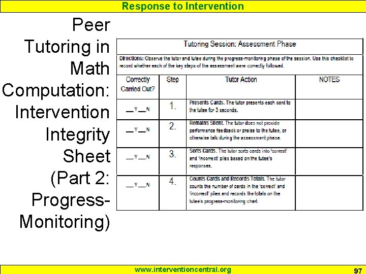 Response to Intervention Peer Tutoring in Math Computation: Intervention Integrity Sheet (Part 2: Progress. Response to Intervention Peer Tutoring in Math Computation: Intervention Integrity Sheet (Part 2: Progress.