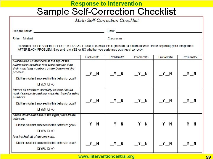 Response to Intervention Sample Self-Correction Checklist www. interventioncentral. org 99 Response to Intervention Sample Self-Correction Checklist www. interventioncentral. org 99