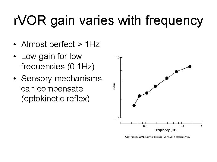 r. VOR gain varies with frequency • Almost perfect > 1 Hz • Low