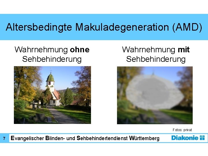 Altersbedingte Makuladegeneration (AMD) Wahrnehmung ohne Sehbehinderung Wahrnehmung mit Sehbehinderung Fotos: privat 7 Evangelischer Blinden-