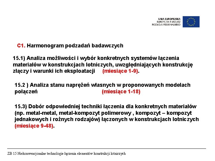 C 1. Harmonogram podzadań badawczych 15. 1) Analiza możliwości i wybór konkretnych systemów łączenia