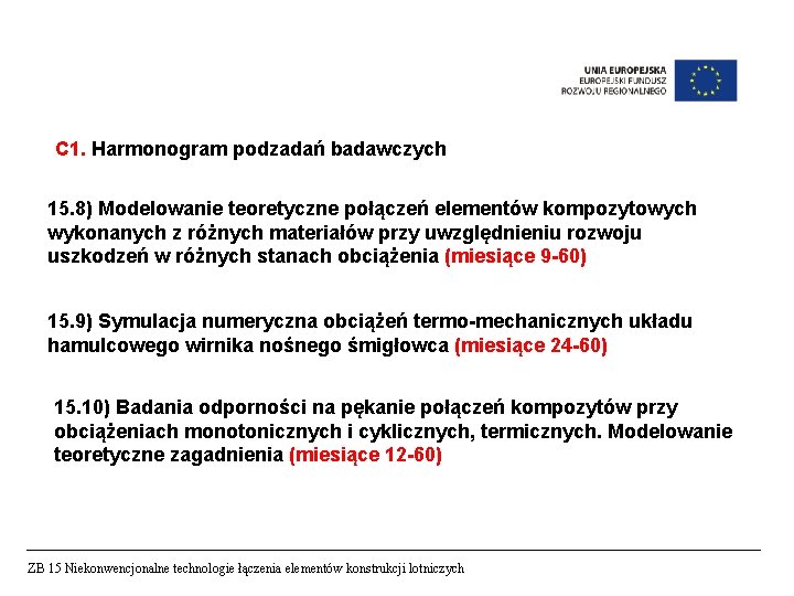 C 1. Harmonogram podzadań badawczych 15. 8) Modelowanie teoretyczne połączeń elementów kompozytowych wykonanych z