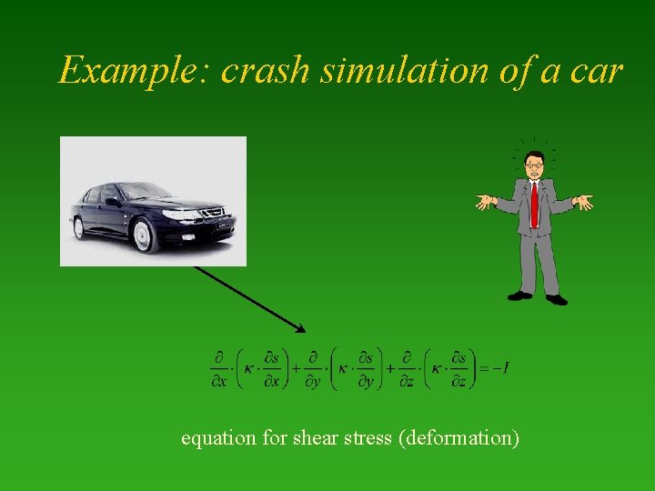 Example: crash simulation of a car equation for shear stress (deformation) 