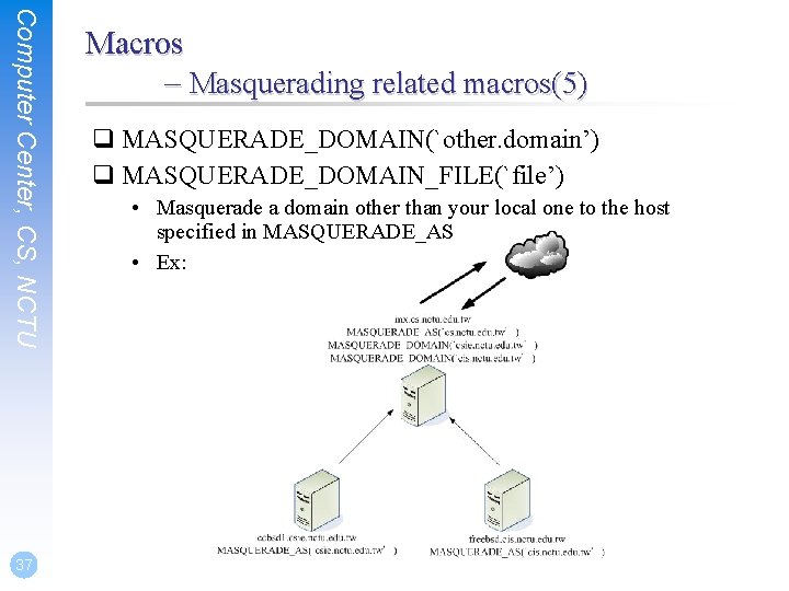 Computer Center, CS, NCTU 37 Macros – Masquerading related macros(5) q MASQUERADE_DOMAIN(`other. domain’) q