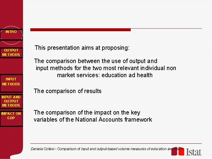INTRO OUTPUT METHODS INPUT METHODS This presentation aims at proposing: The comparison between the