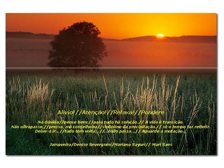 Alívio!//Atenção!//Relaxa!//Pondere Na dúvida//pense bem: //para tudo há solução. // A vida é transição. Não