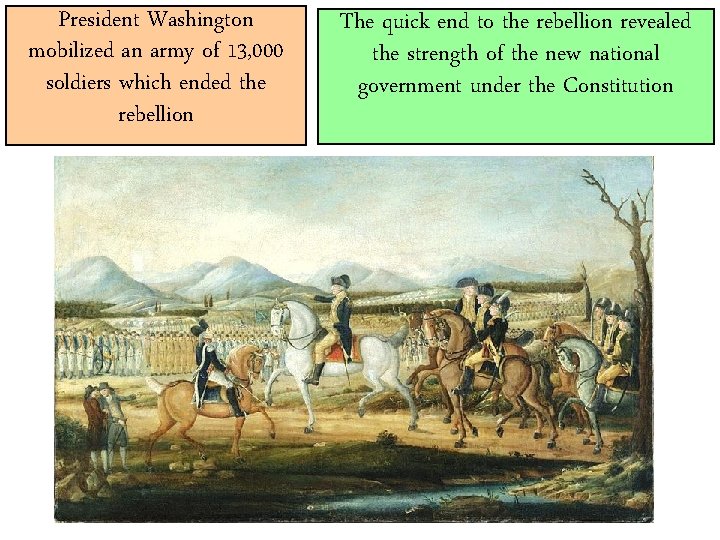 President Washington mobilized an army of 13, 000 soldiers which ended the rebellion The President Washington mobilized an army of 13, 000 soldiers which ended the rebellion The