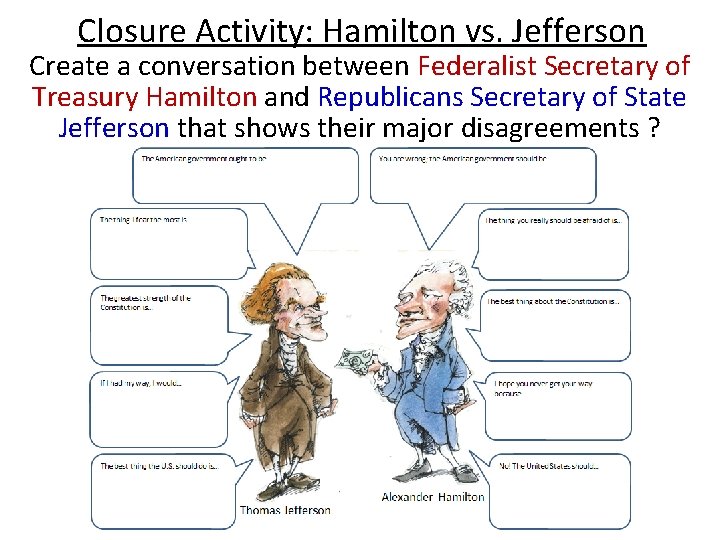 Closure Activity: Hamilton vs. Jefferson Create a conversation between Federalist Secretary of Treasury Hamilton Closure Activity: Hamilton vs. Jefferson Create a conversation between Federalist Secretary of Treasury Hamilton