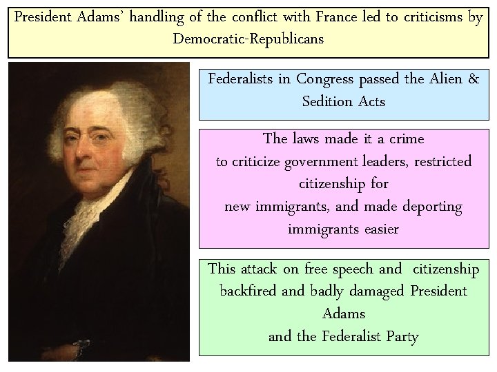 President Adams’ handling of the conflict with France led to criticisms by Democratic-Republicans Federalists President Adams’ handling of the conflict with France led to criticisms by Democratic-Republicans Federalists
