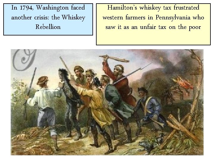 In 1794, Washington faced another crisis: the Whiskey Rebellion Hamilton’s whiskey tax frustrated western In 1794, Washington faced another crisis: the Whiskey Rebellion Hamilton’s whiskey tax frustrated western