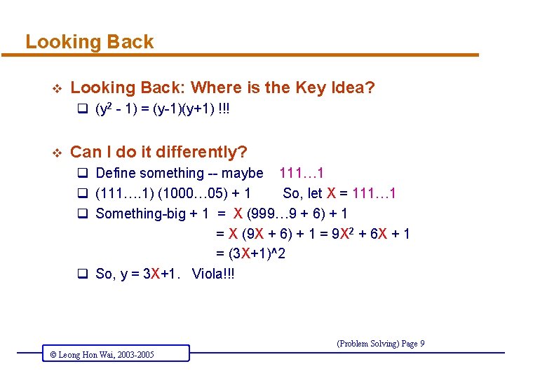 Looking Back v Looking Back: Where is the Key Idea? q (y 2 -