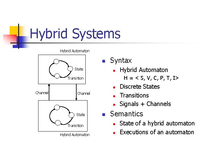 Hybrid Systems Hybrid Automaton n State Syntax n H = < S, V, C,