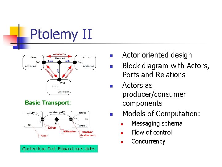 Ptolemy II n n Actor oriented design Block diagram with Actors, Ports and Relations