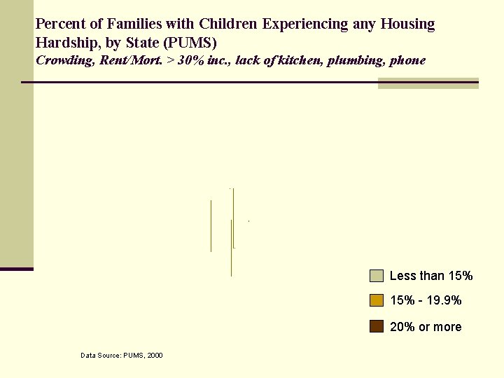 Percent of Families with Children Experiencing any Housing Hardship, by State (PUMS) Crowding, Rent/Mort.