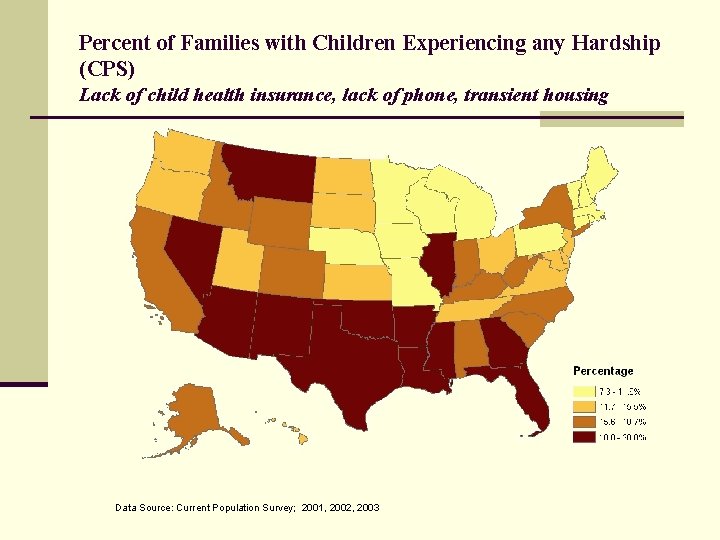 Percent of Families with Children Experiencing any Hardship (CPS) Lack of child health insurance,