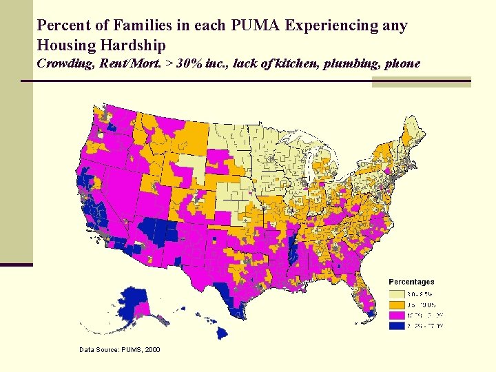 Percent of Families in each PUMA Experiencing any Housing Hardship Crowding, Rent/Mort. > 30%