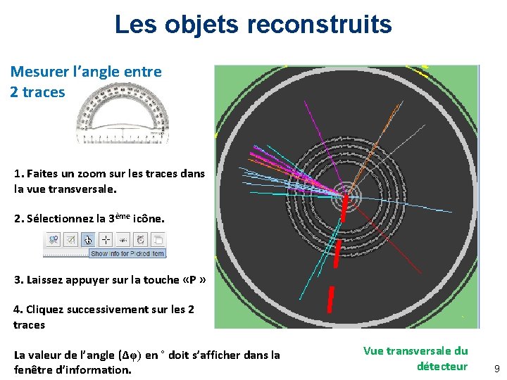 Les objets reconstruits Mesurer l’angle entre 2 traces 1. Faites un zoom sur les