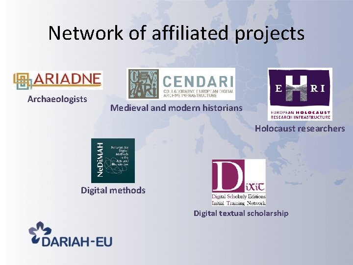 Network of affiliated projects Archaeologists Medieval and modern historians Holocaust researchers Digital methods Digital Network of affiliated projects Archaeologists Medieval and modern historians Holocaust researchers Digital methods Digital