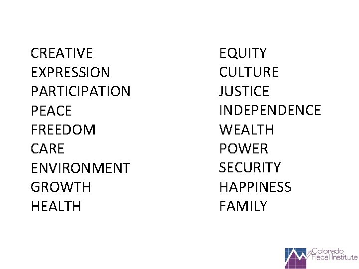 CREATIVE EXPRESSION PARTICIPATION PEACE FREEDOM CARE ENVIRONMENT GROWTH HEALTH EQUITY CULTURE JUSTICE INDEPENDENCE WEALTH