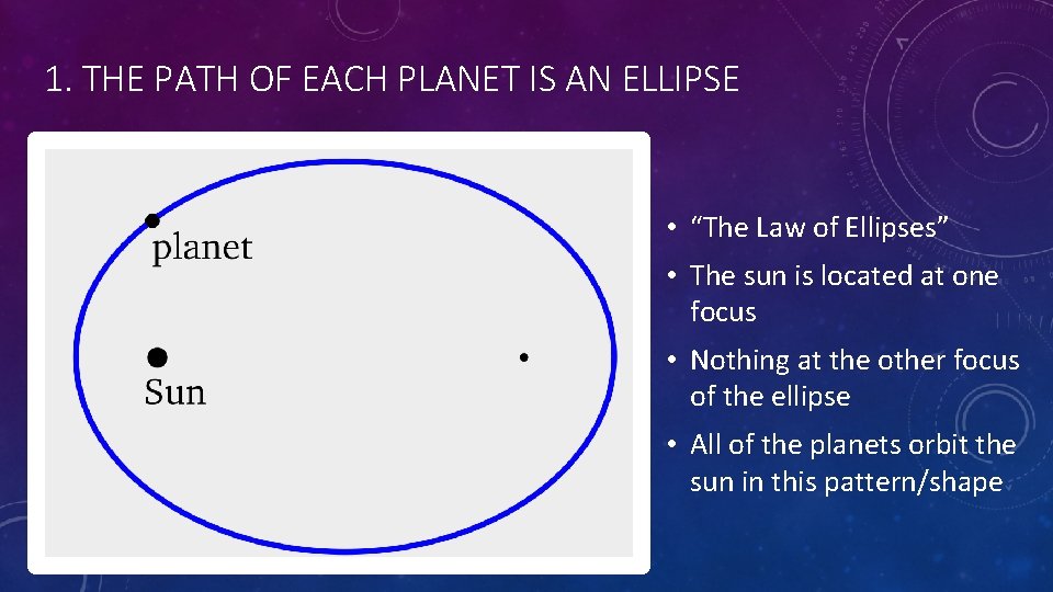 1. THE PATH OF EACH PLANET IS AN ELLIPSE • “The Law of Ellipses”