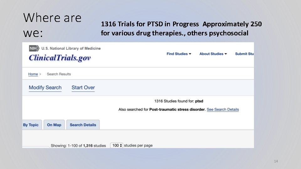 Where are we: 1316 Trials for PTSD in Progress Approximately 250 for various drug